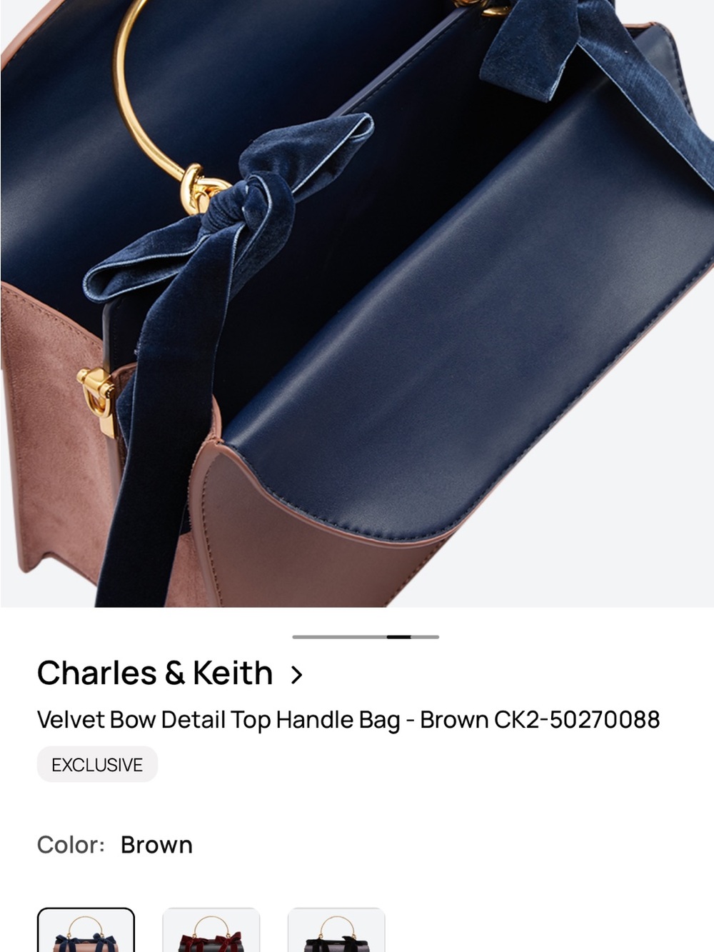 Charles and Keith Velvet Bow Detail Top Handle Bag - Mauve CK2-50270088 - Picture 3 of 9